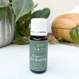 Bottle of Organic Eucalyptus oil from Oil of Joy Apothecary on a white surface with plants in the background.
