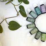 Essential oil bottles arranged on a white surface with green leaves.