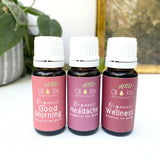 Three essential oil bottles labeled 'Good Morning', 'Headache', and 'Wellness' from Oil Joy Apothecary on a white surface.