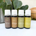Four essential oil bottles from Oil & Joy on a white surface with greenery in the background.