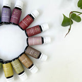 Assorted essential oil bottles arranged in a circular pattern on a white background with green leaves.